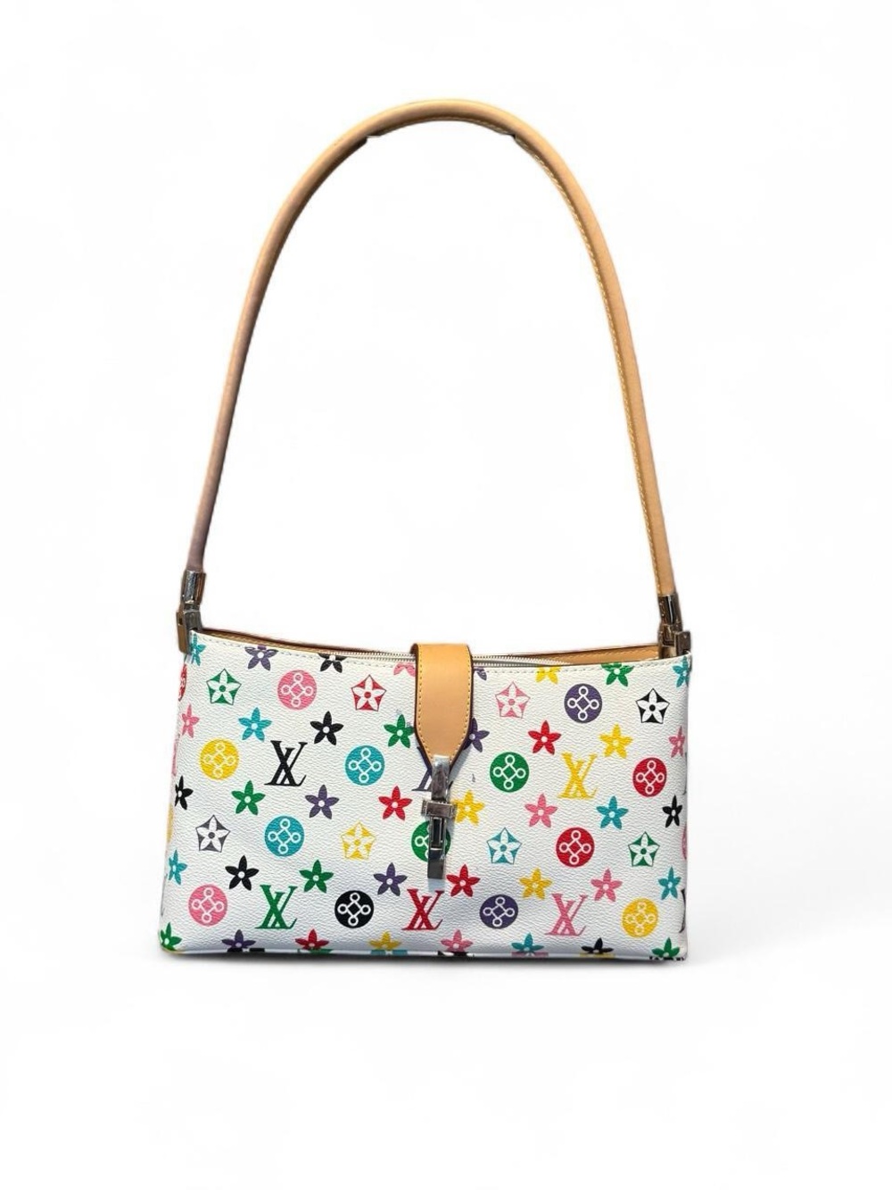 White Multicolor Monogram Shoulder Bag with Tan Strap
